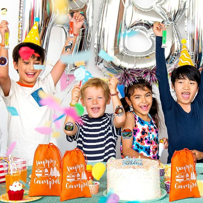 Camping Party Favors Camp Party Gifts Include Camping Themed Silicone Bracelet Mini Flashlight Keychain Assorted Camping Sticker and Gifts Drawstring Bags Camping Party Supplies for Kids (220 Pieces)