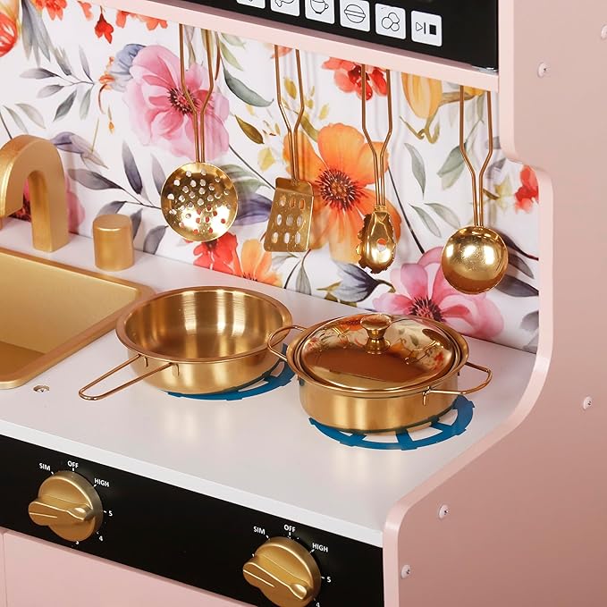 Wooden Play Kitchen Toy Set with Light, Kids Children Pretend Toy Kitchen Playset, Sink Play Toy Oven with Microwave,Toddler Cooking Set Toy for Ages 3+Baby Girls Boys (Pink)