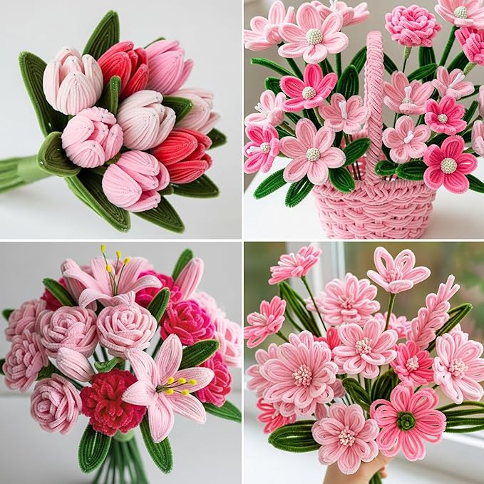 Caydo 200 Pieces Pink Pipe Cleaners for Flowers, Fluffy Craft Chenille Stems for Mother's Day Gift and Creative Arts Crafts Projects