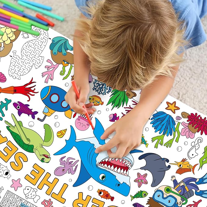 Under The Sea Large Coloring Poster for Kids 30 x 72 Inch, Ocean Animals Giant Coloring Paper Tablecloth, Sea Themed Color-in Activities Games for Kids School Classroom Home Party Supplies Decorations