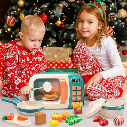 CUTE STONE Microwave Toys Kitchen Play Set, Kids Pretend Play Electronic Oven with Play Food, Kids Cookware Pot and Pan Toy Set, Cooking Utensils,Great Learning Kitchen Toys for Girls Boys