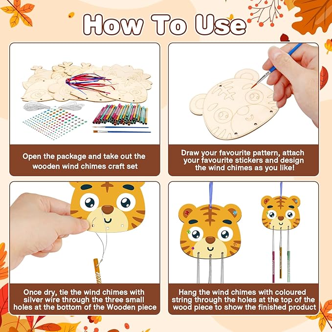 Fennoral 9 Pack Fall Wind Chime Kit for Kids Make You Own Fall Animals Wind Chime DIY Coloring Fall Craft Wooden Hanging Ornaments Outdoor Activity Autumn Thanksgiving Party Decorations