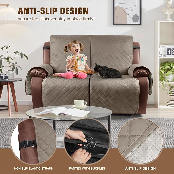KinCam Waterproof Loveseat Recliner Cover, Non-Slip Reclining Couch Covers for 2 Seat, Recliner Sofa Cover Furniture Protector with Elastic Straps for Kids, Pets, Taupe