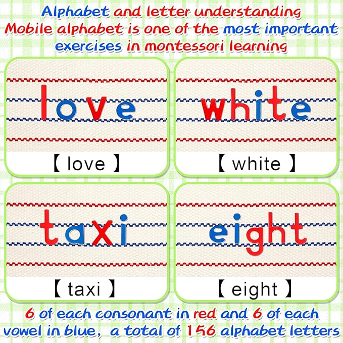 Montessori Letters Movable Wood Alphabet with Box and Large Mat Small Wooden Alphabet Letters Montessori Trays Preschool Spelling Learning Language Materials Objects, Red, Blue