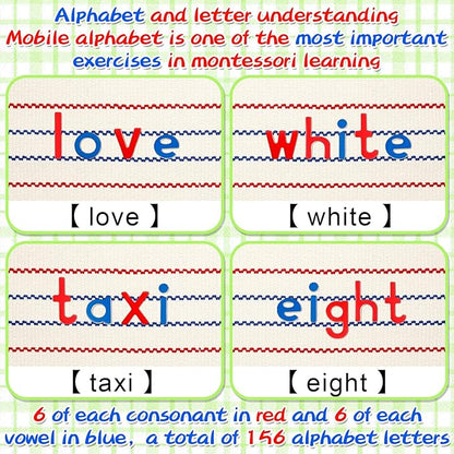 Montessori Letters Movable Wood Alphabet with Box and Large Mat Small Wooden Alphabet Letters Montessori Trays Preschool Spelling Learning Language Materials Objects, Red, Blue