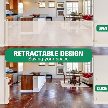 110 Inch Extra Wide Retractable Baby Gate for Large Openings Pet Gates for Dogs Indoor Retractable Baby Gates Outdoor Dog Gates for The House Extra Wide Baby Gate Large Dog Gate for Doorways, Beige