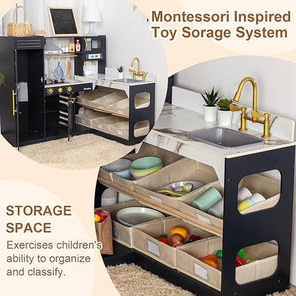 Corner Play Kitchen for Kids Kitchen Playset with Toy Storage System, Wooden Toy Kitchen Set with Plenty of Play Features, Toddler Kitchen Set for Boys and Girls Ages 3+ (Dark Blue)