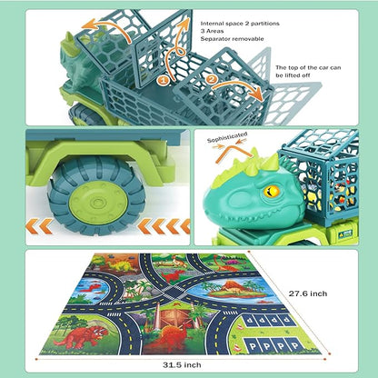 HONGID Dinosaur Truck Toys for Kids 3-5,Tyrannosaurus Car Toy with 15 Dino Figures,Large Activity Play Mat, Dinosaur Eggs, Dinosaur Play Set for Boys and Girls,Christmas Xmax,Stocking Stuffers