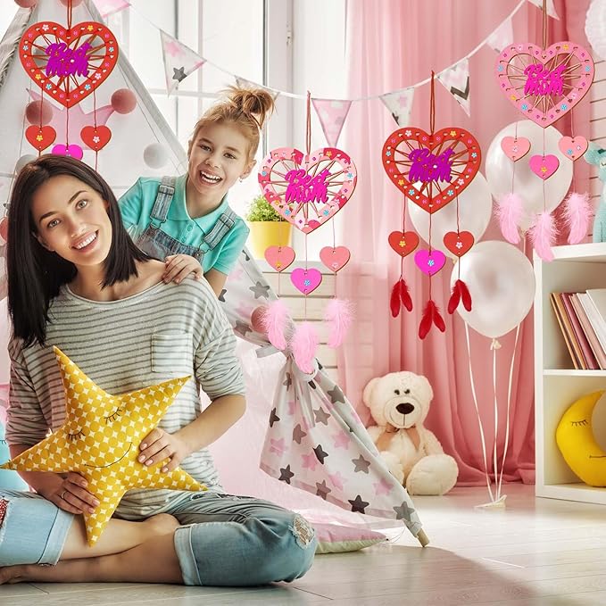 Fennoral 6 Pack Heart Dream Catcher Craft Kit for Kids Paint You Own Mother's Day Dream Catcher DIY Coloring Wooden Art and Craft for Art Activity Project Mom's Birthday Valentine's Day Decoration