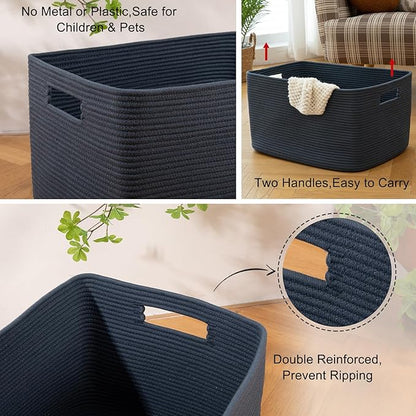 OIAHOMY 118L XXXLarge Cotton Rope Storage Basket, Oversized Blanket Basket, Used for Organizing Dirty Clothes in Living Room, Bedroom, Nursery, Dog Toy Storage Bins, 25" x 17" x 16",Blue