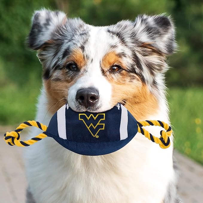 Pets First NCAA West Virginia Mountaineers Nylon Football Dog Toy, Tough Quality Nylon Materials, Strong Pull Ropes, Inner Squeaker, Collegiate Team Color