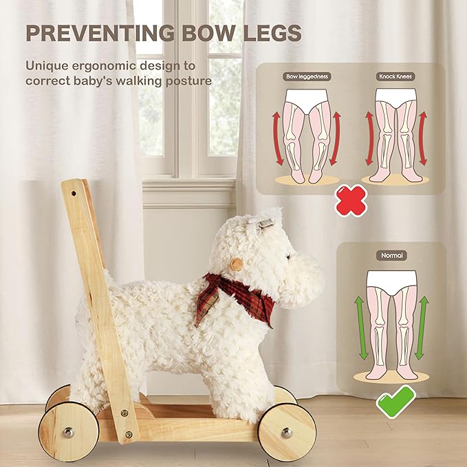 Rock My Baby Wooden Baby Walker, Baby Push Walker with Wheels for 12M+, Toddler Learning to Walk Toy with Sweet Music ＆ Animal Seat 2 in 1 Sit-to-Stand Walker Toy Gift for Boy Girl (Scottie Dog)