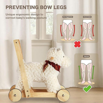Rock My Baby Wooden Baby Walker, Baby Push Walker with Wheels for 12M+, Toddler Learning to Walk Toy with Sweet Music ＆ Animal Seat 2 in 1 Sit-to-Stand Walker Toy Gift for Boy Girl (Scottie Dog)