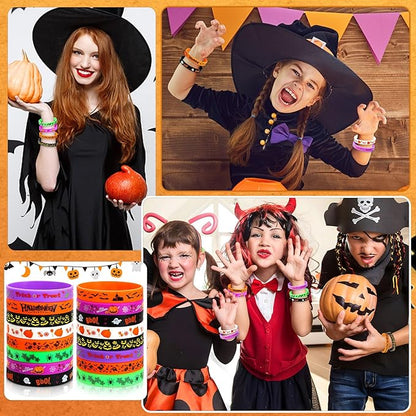 JUNEBRUSHS Halloween Party Favors, 24pcs Halloween Silicone Bracelets Rubber Wristbands for Halloween Party Decorations Trick or Treat Goodie Bag Stuffers Fillers Accessories Supplies(8 Designs)
