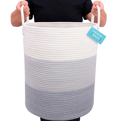 OrganiHaus Large Gray Woven Laundry Basket w/Handles 52L, Rope Dirty Clothes Hamper, Blanket Basket for Living Room, Baby Laundry Hamper for Nursery, Soft & Durable Decorative Organizer Bin