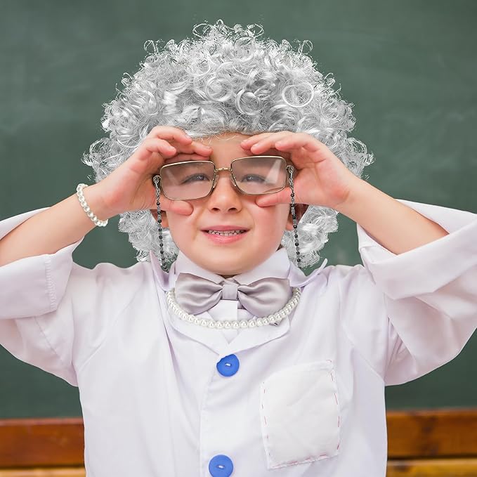 100th Day of School Costume for Girls, Old Lady Cosplay Silver Curly Wig Glasses Wig Cap Pearl Necklace Bracelet Accessories
