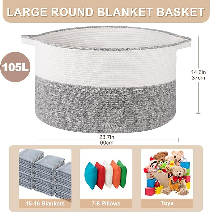 OIASKET XXL Large Blanket Basket with Handles, 105L Woven Storage Basket for Living Room, Cotton Rope Baby Toy Storage for Clothes, Pillows, Towels-Grey & White