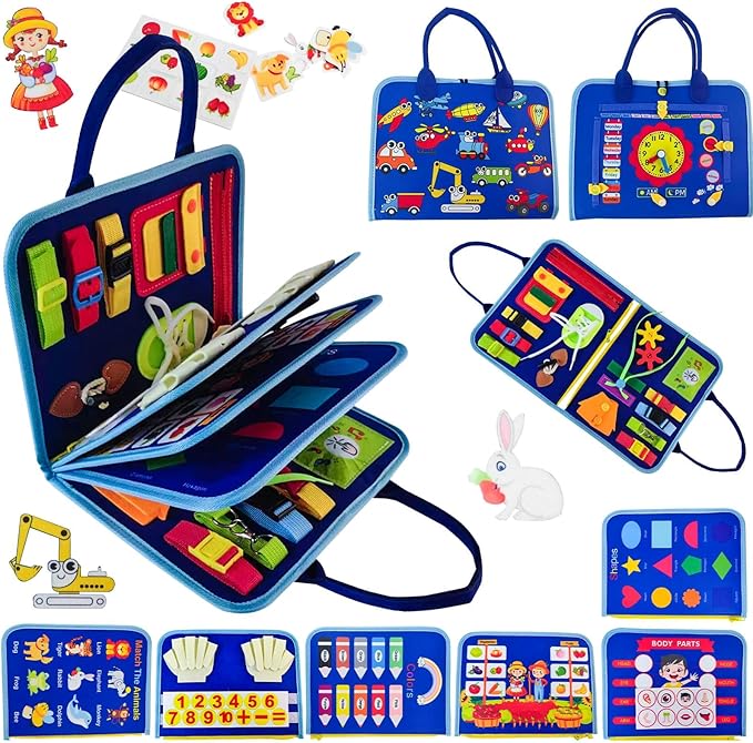 Toddler Busy Board-Montessori Toys for Boy Girl Birthday Gift, Sensory Learning Toys for Toddlers Busy Book, Airplane Car Travel Activities Toy,Learn Fine Motor Skills