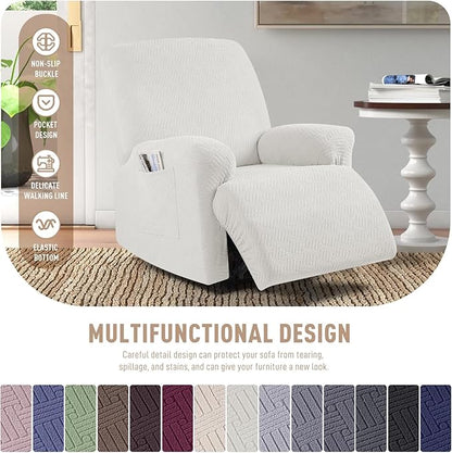 KinCam Recliner Covers, Stretch Reclining Chair Covers, Recliner Sofa Slipcovers Stripe Jacquard Recliner Couch Covers Furniture Protector Covers for Pet Kid (1 Seater, Cream)