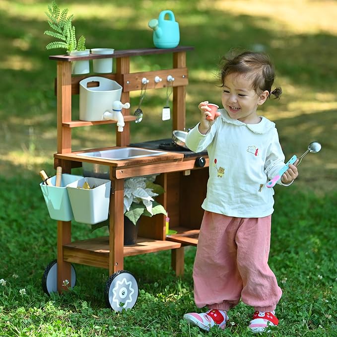 Mud Kitchen for Kids Outdoor,Wooden Play Kitchen with Removable Sink, Faucet,Storage Shelves, Backyard Garden Toddler Kitchen Playest, Kitchenware, Stove, Gift for Boys and Girls