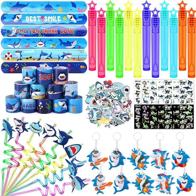 Golray 110Pcs Shark Party Favors Birthday Supplies, Straws Bubble Wands Slap Bracelet Keychain Tattoo Sticker Toy Gift Kids Boys Shark Goodie Bag Stuffer Ocean Under the Sea Party Favors