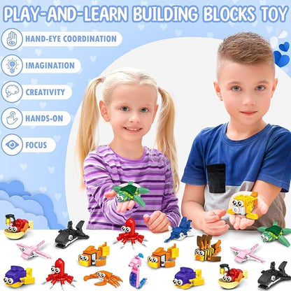24 Pack Valentines Day Gifts for Kids 8-12, Sea Animal Building Blocks Kit with Gift Cards for Kids School Classroom, Class Valentine Party Favors Exchange for Boys Girls Stuffers Egg Fillers
