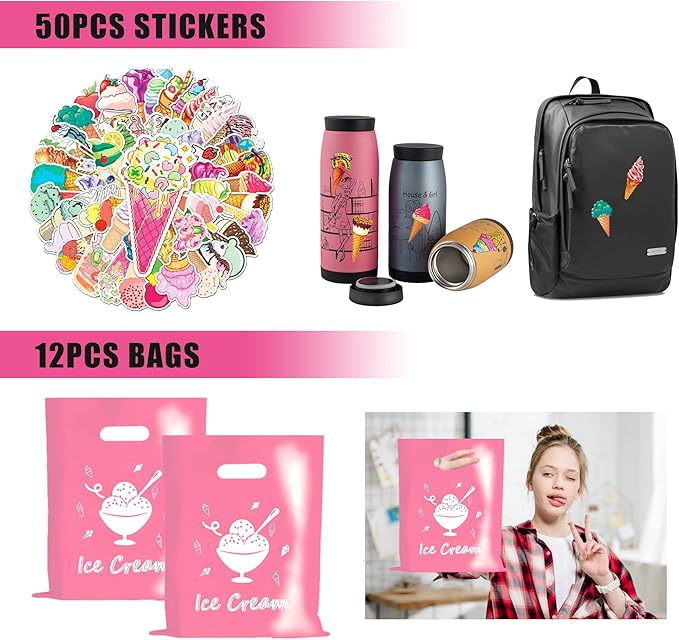 110 PCS Ice Cream Party Favors Cute Ice Cream Necklace Goodie Bags with Keychains, Stickers, Rubber Bracelets, Button Pins and Bags for Summer Themed Birthday Party Baby Shower