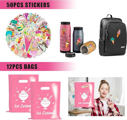 110 PCS Ice Cream Party Favors Cute Ice Cream Necklace Goodie Bags with Keychains, Stickers, Rubber Bracelets, Button Pins and Bags for Summer Themed Birthday Party Baby Shower