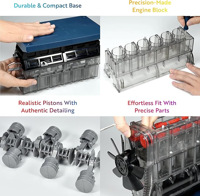 Playz Inline 6 Engine Model Kit - Build Your Own STEM Inline 6 Small Engine That Runs Kit for Adults & Kids Age 10-12+, Visible Inline 6 Mini Engine Kit That Works for Adult w/ 230 STEM Parts