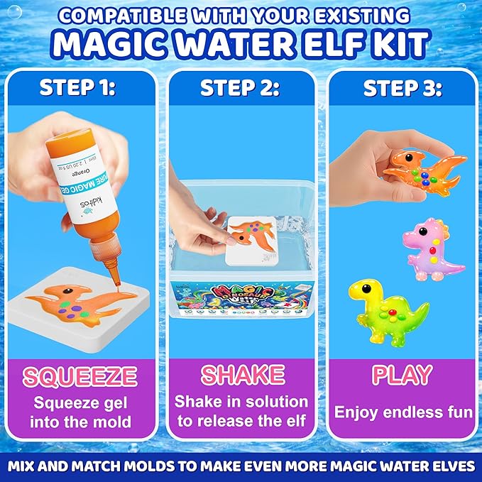 Kiditos Magic Water Elf Dinosaur Mold Set – 10 Reusable BPA Free Plastic Shapes for Creating Colorful Water Elves, STEM Craft Toy for Kids