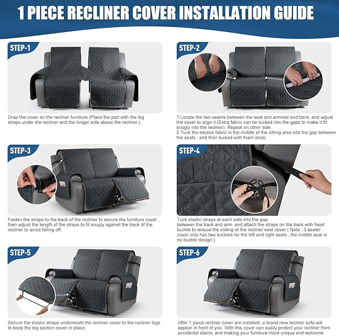 TAOCOCO 100% Waterproof Recliner Covers, Recliner Sofa Covers with Leg Straps, Reversible Recliner Couch Cover for Reclining Chair, Washable Couch Protector for Pets Kids(2 Seater, Dark Gray)