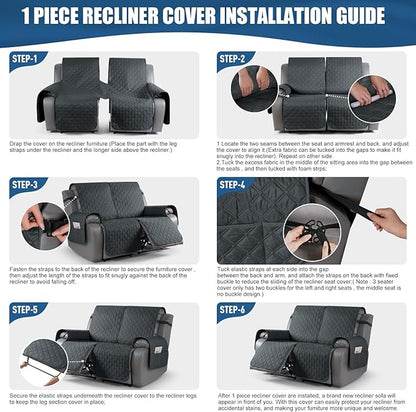 TAOCOCO 100% Waterproof Recliner Covers, Recliner Sofa Covers with Leg Straps, Reversible Recliner Couch Cover for Reclining Chair, Washable Couch Protector for Pets Kids(2 Seater, Dark Gray)