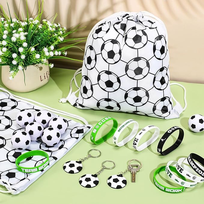 48 Pcs Soccer Party Favors Supplies, 12 Soccer Silicone Bracelet 12 Soccer Drawstring Treat Bag 12 Mini Soccer Stress Ball and 12 Soccer Keychains for Birthday Soccer Party Decorations Gift Kids