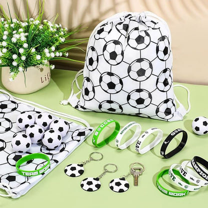 48 Pcs Soccer Party Favors Supplies, 12 Soccer Silicone Bracelet 12 Soccer Drawstring Treat Bag 12 Mini Soccer Stress Ball and 12 Soccer Keychains for Birthday Soccer Party Decorations Gift Kids