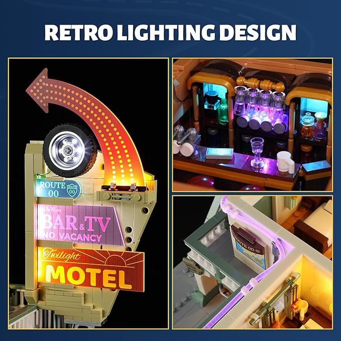 FUNWHOLE City Car-Hotel Lighting Building-Bricks Set - Road Trip Modular Twilight Motel Collection LED Light Car and Motorcycle Building Set 1970 Pcs for Adults and Teen