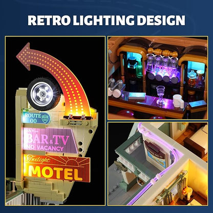FUNWHOLE City Car-Hotel Lighting Building-Bricks Set - Road Trip Modular Twilight Motel Collection LED Light Car and Motorcycle Building Set 1970 Pcs for Adults and Teen