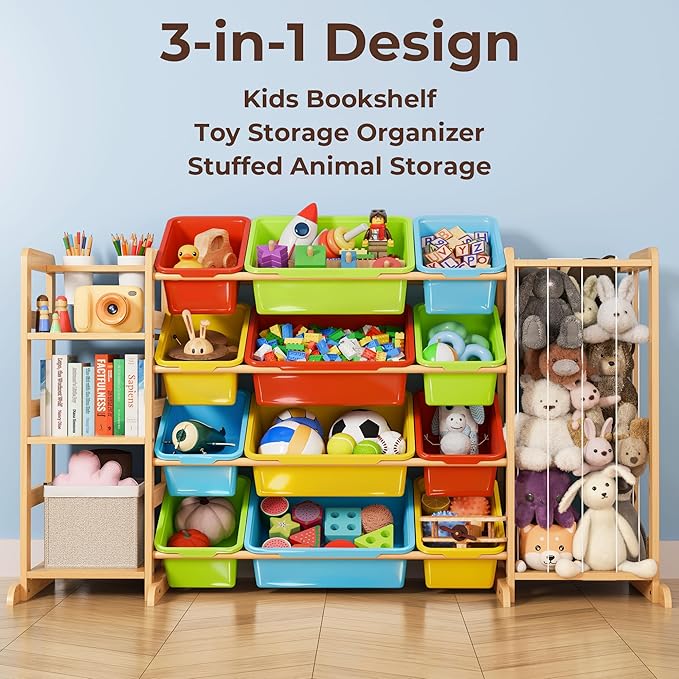 mirolam Storage Organizer with Bookshelf and Stuffed Animal Storage - Playroom Organization with Shelves and 12 Bins - Living Room Box for Lego - Bedroom Decor Essentials
