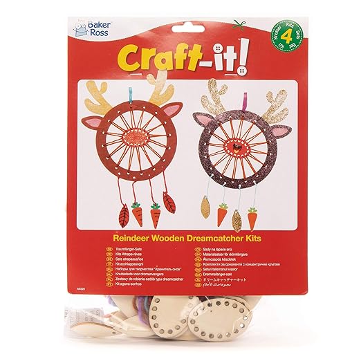 Baker Ross AX520 Reindeer Wooden Dreamcatcher Kits - Pack of 4, Create Your own Dream Catchers for Kids Arts and Crafts, Wall Decorations and an Introduction to Sewing