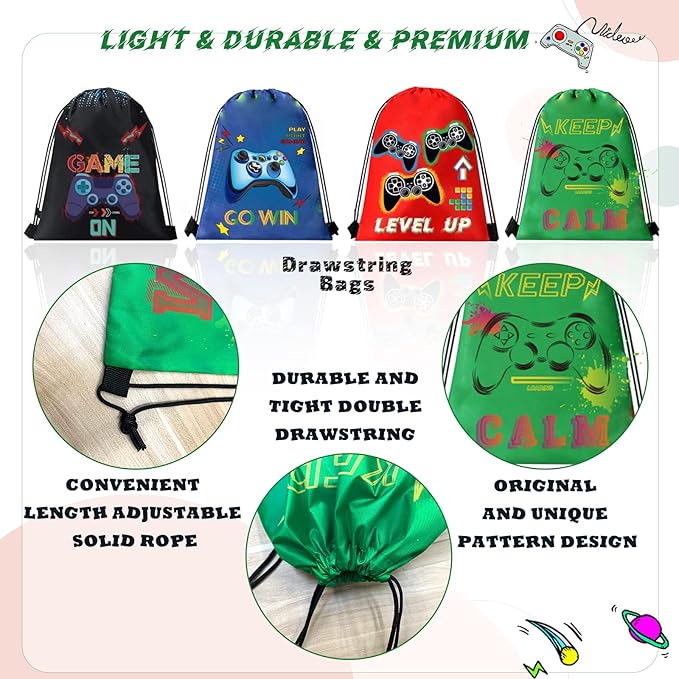 61 Pcs Video Game Party Favors, Gamer Party Favors Bags Includes 12 Pcs16 x 13 Inch Video Game Party Drawstring Bags Slap Bracelets Keychains Tattoo Stickers for Kids Gaming Party Favors