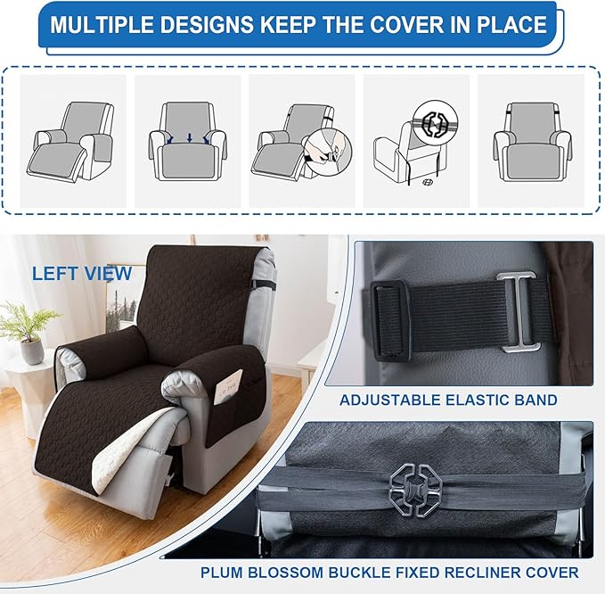 100% Waterproof Recliner Covers for Small recliners, Anti-Slip Recliner Chair Covers with 5 Pockets, Elastic Straps, Washable Recliner Protector for Kids, Pets, Dogs, Chocolate