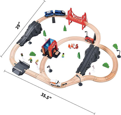Giant bean 70PCS Wooden Train Set with Battery Locomotive Fits Thomas, Brio, Chuggington, Melissa Tracks, Expandable Toys for 3+ Years Old Girls & Boys