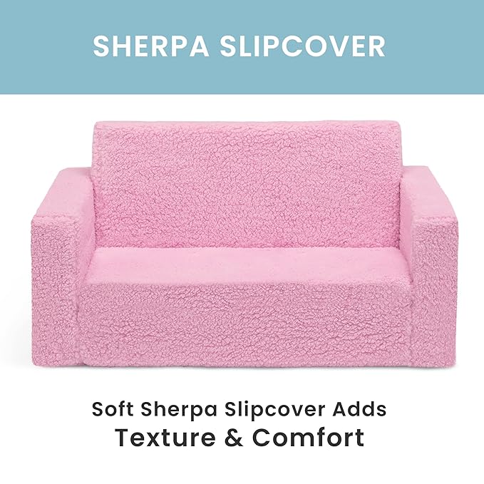 Delta Children Cozee Flip-Out Sherpa 2-in-1 Convertible Sofa to Lounger for Kids, Pink