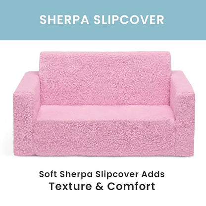 Delta Children Cozee Flip-Out Sherpa 2-in-1 Convertible Sofa to Lounger for Kids, Pink