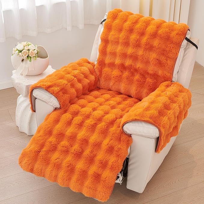 vctops Faux Fur Fluffy Recliner Chair Slipcover Faux Rabbit Fur Non Slip Sofa Cover Super Soft Plush Thick Couch Cover Furniture Protector with Elastic Straps for Kids, Dogs, Pets(Orange,24")