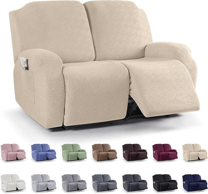 KinCam Recliner Covers, Stretch Reclining Chair Covers, Recliner Sofa Slipcovers Stripe Jacquard Recliner Couch Covers Furniture Protector Covers for Pet Kid (2 Seater, Vanilla)