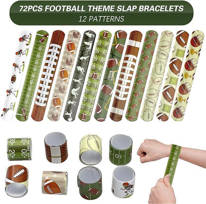 72PCS Football Slap Bracelets Wristband Football Party Favors, Football Birthday Rugby Match Party Supplies Kids Classroom Gifts, Sports Themed Bracelets for Kids and Adults, 12 Designs