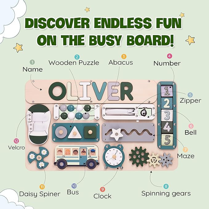KALOTOYS Busy Board Bear for Toddlers Wooden Montessori Toys, Wooden Controller Sensory Toy for Autistic Children & ADHD Sensory Board for Education & Learning Green