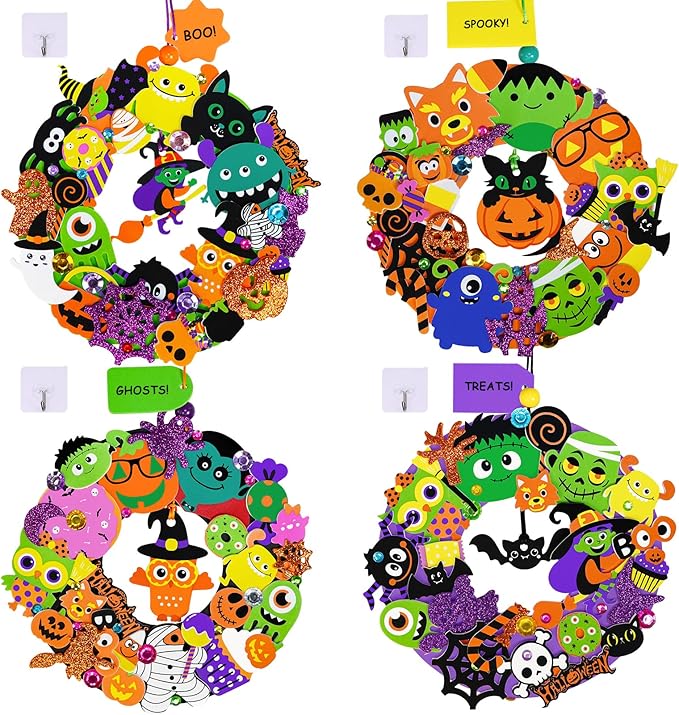 Winlyn 12-Pack Halloween Craft Kits Fall Crafts DIY Halloween Wreath Ornaments Decorations Art Sets Halloween Foam Stickers Arts and Crafts for Kids Classroom Party Activities Holiday Festive Projects