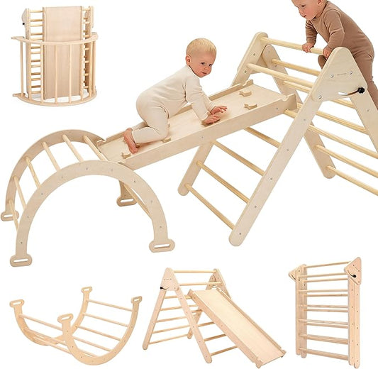 Pillowhale Extra‑Large Montessori Wooden Climbing Triangle Set—Foldable Toddler Gym Triangle, Climbing Ramp & Arch, Indoor Playground for Toddlers 12+ Months