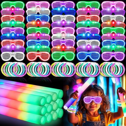 96Pcs Glow in the Dark Party Supplies for Kids & Adults, Neon Light up Glasses, Foam Glow Sticks&LED Glow Bracelets, Ideal for Birthdays Halloween Weddings Carnival, and Rave Hora Loca Party favors